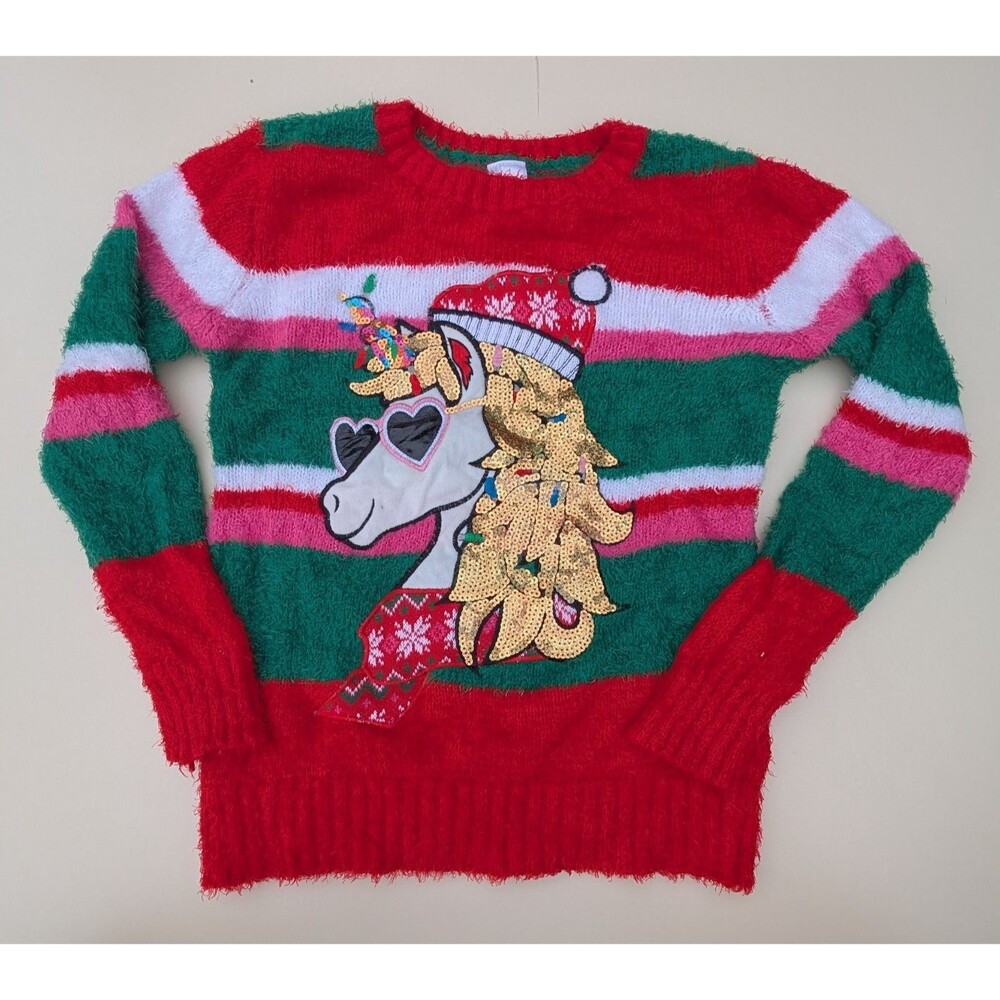 Holiday Time Ugly Christmas Sweater Kids M 7-8 Unicorn Sequin Fuzzy Xmas